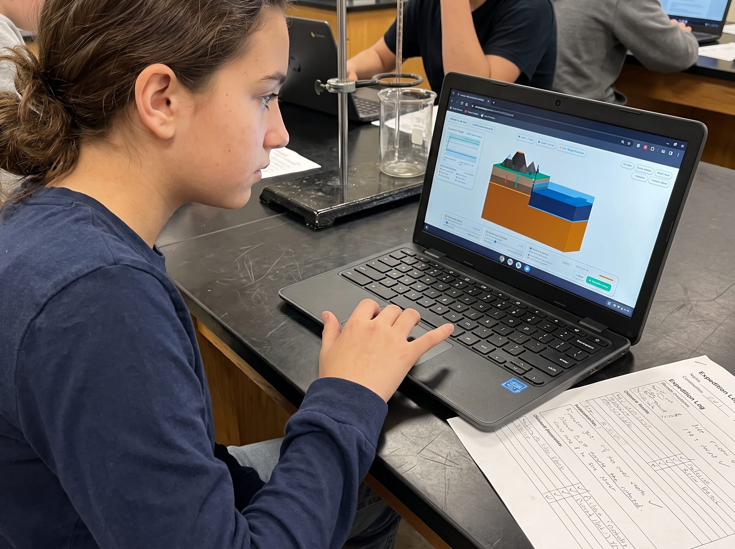 Middle school student exploring crustal buoyancy and volcano isostasy simulation on Chromebook with physical expedition log
